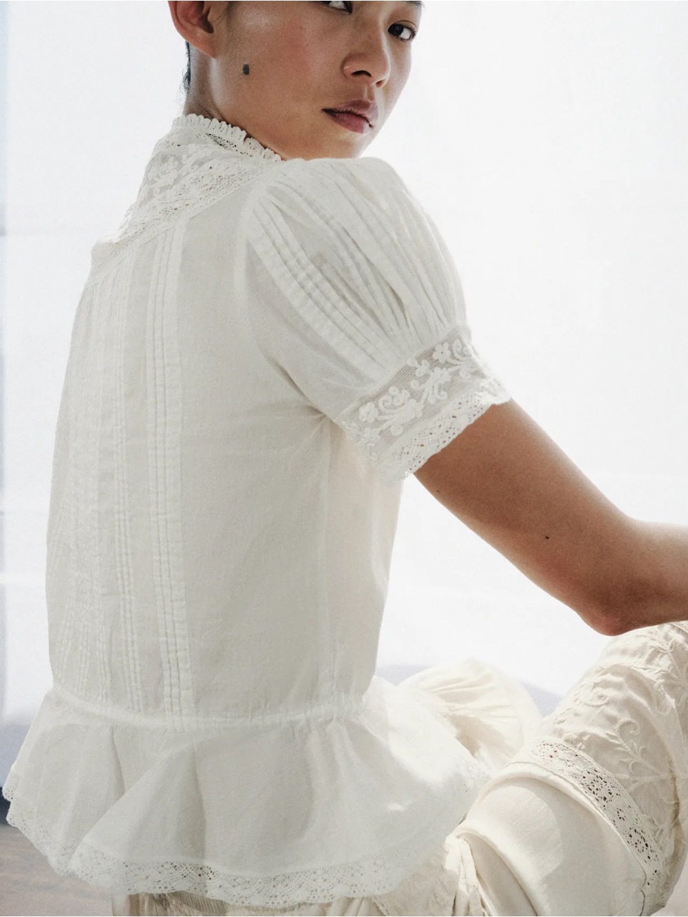Zara Ivory Lace Yoke Peplum Button-Front Top - Picture 5 of 6
